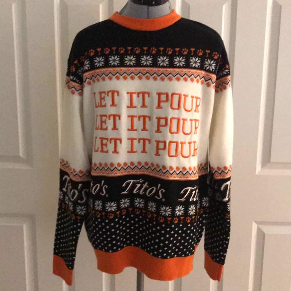 Tito’s Vodka Hand Made Embroidered Orange & White “Let It Pour” Sweater M